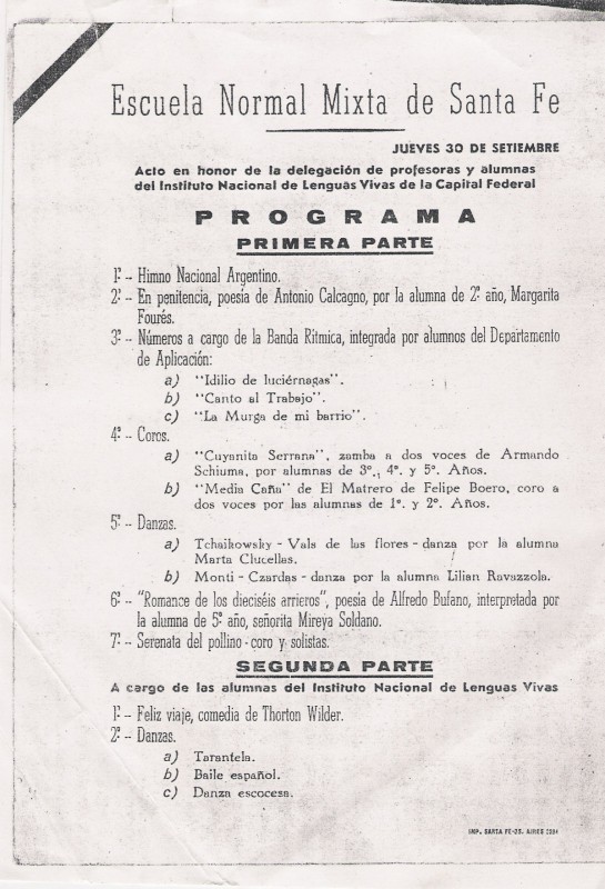 Programa acto homenaje a delegación Inst. L. Vivas Sta. Fe