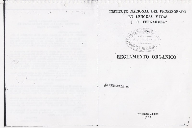 Primer reglamento orgánico del INES en Lenguas Vivas "Juan Ramón Fernández". 1962